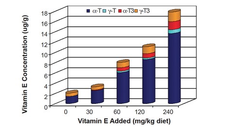 Hình 1: Nồng độ vitamin E trong mô cơ của cá rô phi lai đỏ được cho ăn khẩu phần ăn bổ sung vitamin E có nguồn gốc từ dầu cọ.