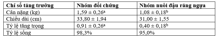 Bảng 3. Hiệu suất tăng trưởng của cá rô phi ở các nhóm thức ăn khác nhau.