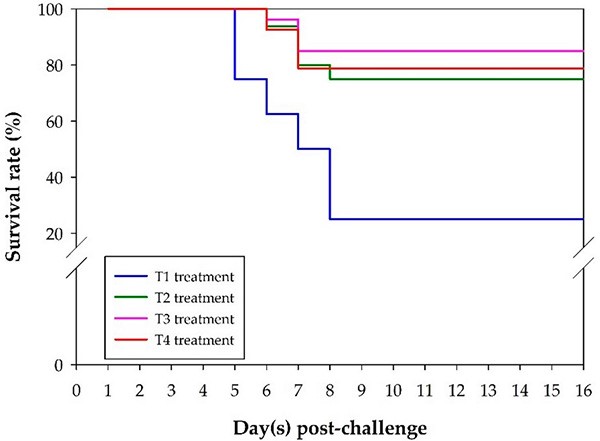 Hình 1: Tỷ lệ sống (phân tích Kaplan–Meier) của cá rô phi (O. niloticus) (n = 10) bị nhiễm S. agalactiae sau 15 ngày tiêm chủng. Nghiệm thức 1 (T1): nhóm đối chứng, Nghiệm thức 2 (T2): vắc xin ngâm S. agalactiae bất hoạt bằng formalin, Nghiệm thức 3 (T3): vắc xin tiêm gốc dầu S. agalactiae bất hoạt bằng formalin, Nghiệm thức 4 (T4): vắc xin uống gốc nước S. agalactiae bất hoạt bằng formalin. Được điều chỉnh từ hình gốc.