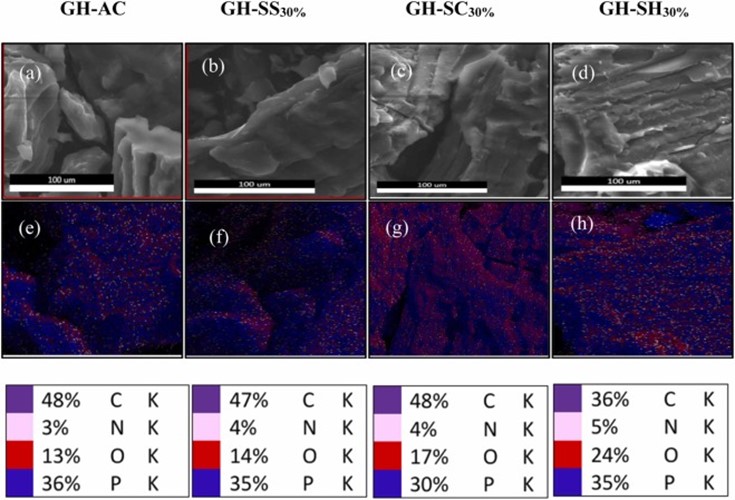 Phần 2: Tận Dụng Đồng Thời Phế Thải Tôm Và Gỗ Nhiệt Đới Để Tạo Ra Vật Liệu Composite Giá Trị Cao: Nghiên Cứu Chế Tạo, Đặc Tính Và Khả Năng Hấp Phụ Thuốc Diệt Cỏ Hình 3. a – d Ảnh SEM thể hiện hình thái bề mặt và e – h Ảnh EDS thể hiện sự phân bố các nguyên tố được chọn cho AC nguyên bản và AC GH-SW.