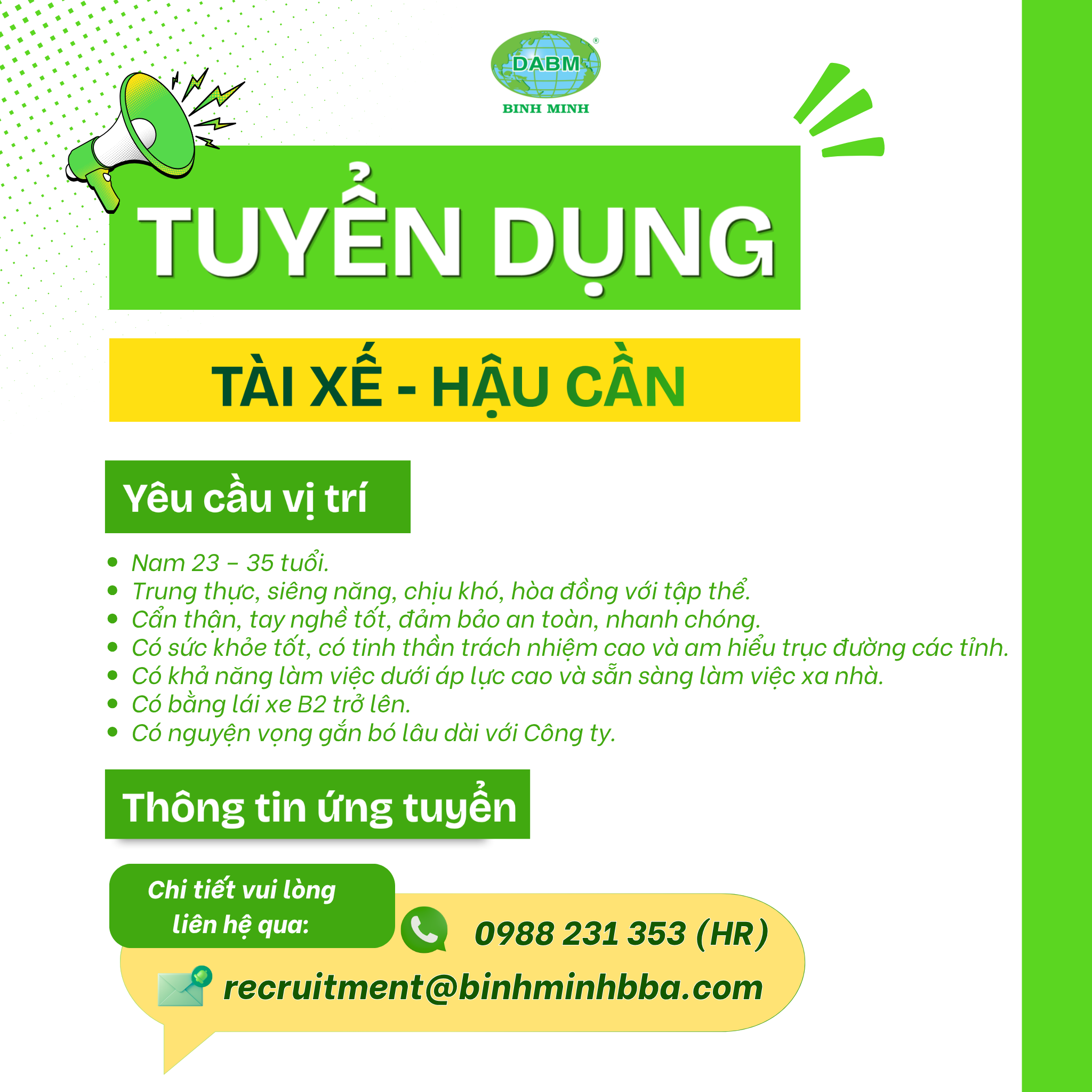Tuyển dụng Tài xế - Hậu cần 