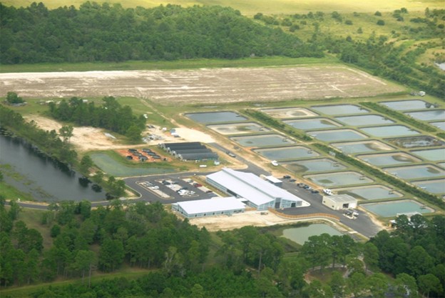 Fig. 2: Aerial view of the Claude Peteet Mariculture Center (Alabama, USA), illustrating its extensive aquaculture pond infrastructure and research facilities.