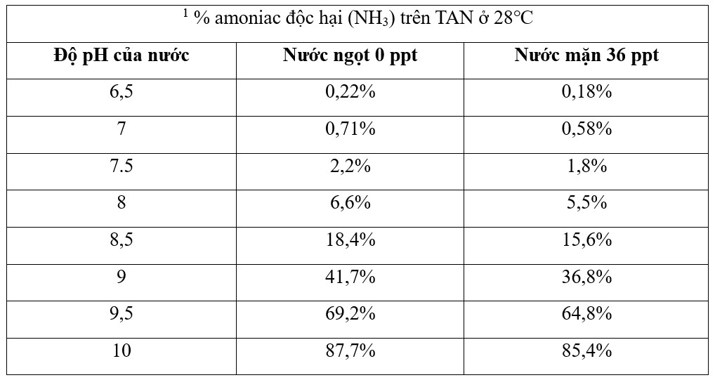 Bảng 1: % amoniac độc hại (NH3) trên tổng amoniac (TAN) trong nước ngọt (0 ppt) và trong nước mặn (36 ppt) ở 28℃ và độ pH nước khác nhau. 1Tiêu chí chất lượng nước môi trường đối với amoniac trong nước mặn - 1989, EPA 440/5-88-004.