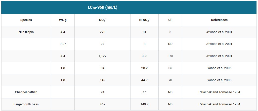 Table 6: Lethal concentrations (LC50-96h) of nitrite (in mg/L of NO₂⁻ or mg/L of N-NO₂⁻) for different cultured fish species. Chloride concentrations in the water (Cl⁻ in mg/L). Consider as a safe concentration a value equal to 10 percent of the 96-h LC50. For example, for Nile tilapia, this ranges from 0.3 to 112 mg/L of NO₂⁻, depending on water salinity. For Tambaqui, the safe level is 0.6 mg/L of NO₂⁻.