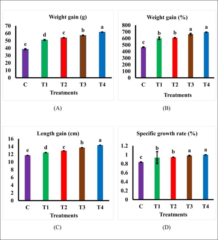 Hình 3. Hiệu suất tăng trưởng và khả năng sử dụng chất dinh dưỡng của cá ( Oreochromis niloticus ) sau 90 ngày cho ăn: (A) Tăng trọng lượng (g); (B) Tăng trọng lượng (%); (C) Tăng chiều dài (cm); (D) Tốc độ tăng trưởng cụ thể.