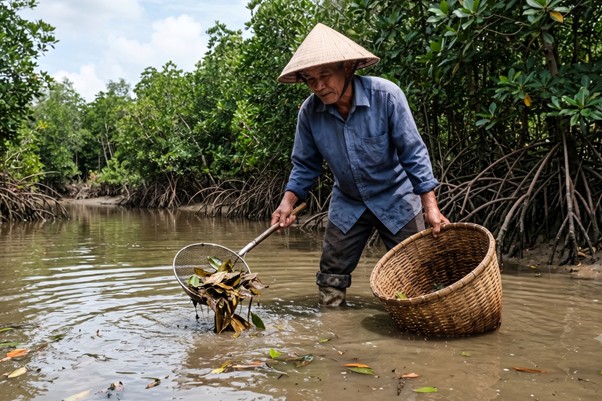 Người nuôi cần dùng vợt chuyên dụng để vớt bớt lá ra khỏi ao.